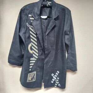 Beppa Women's 100% Linen Art-To-Wear Blazer Jacket XS Black 3/4 Sleeve Casual